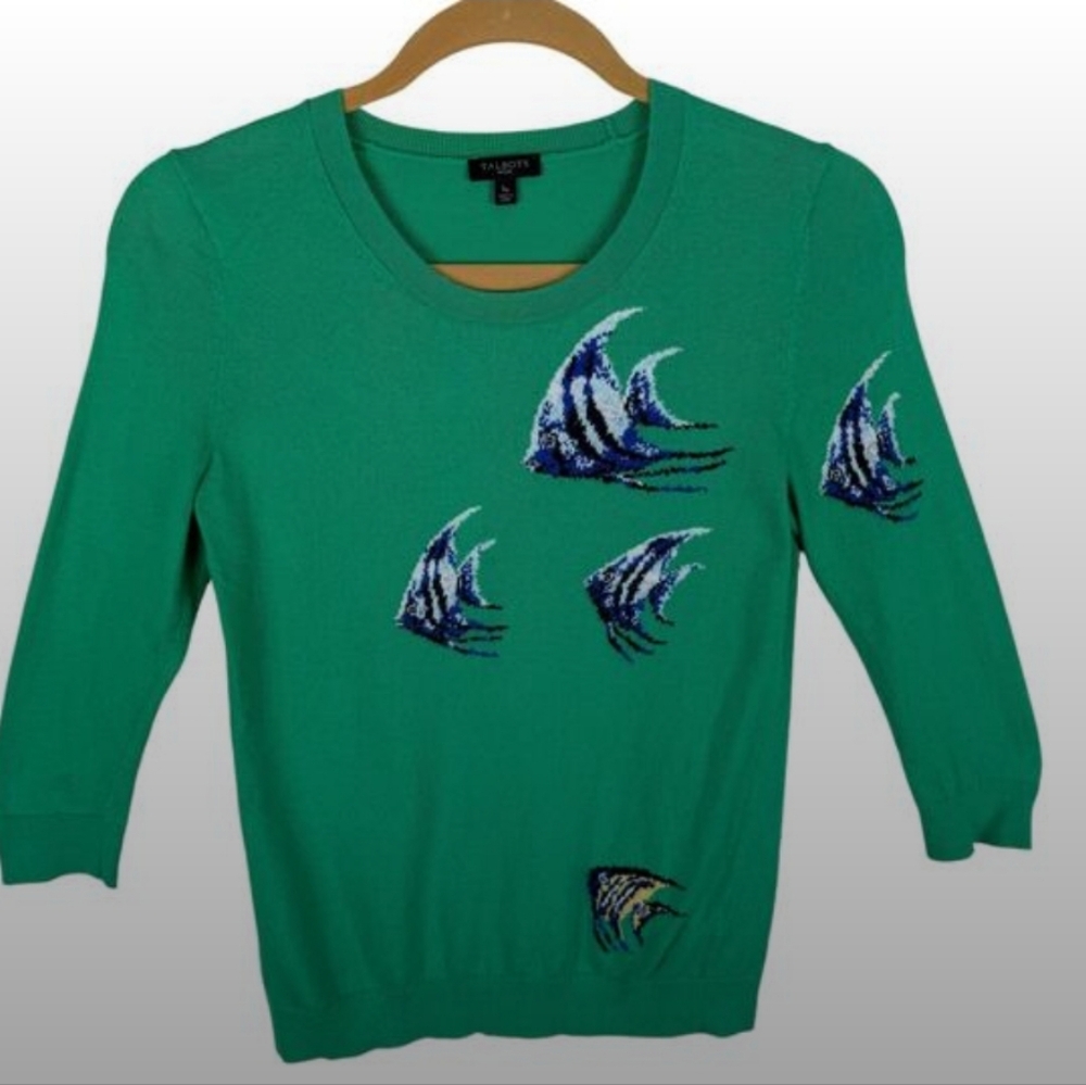 Talbots Kelly Green Angelfish 3/4 Sleeve Tight Knit Pullover Sweater Size SP